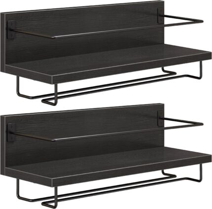 HOOBRO Wall Mounted Wine Rack 2 Pack, Wine Shelf Hanging Floating Wall Shelves, Wine Glass Bottle Rack Stemware Holder, for Living Room, Dining Room, Kitchen, Black BK28BJ01