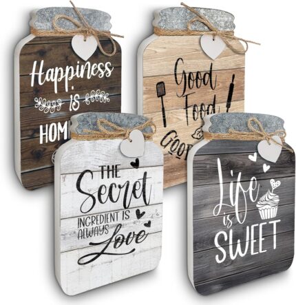 Old Shack Kitchen Wall Decor - Set of 4 Mason Jars - Charming Farmhouse Kitchen Decor - Giftable Rustic Home Decor - Lovely Dining Room Decor - Tin Top Design - 8 Inches Tall by 5 Inches Wide